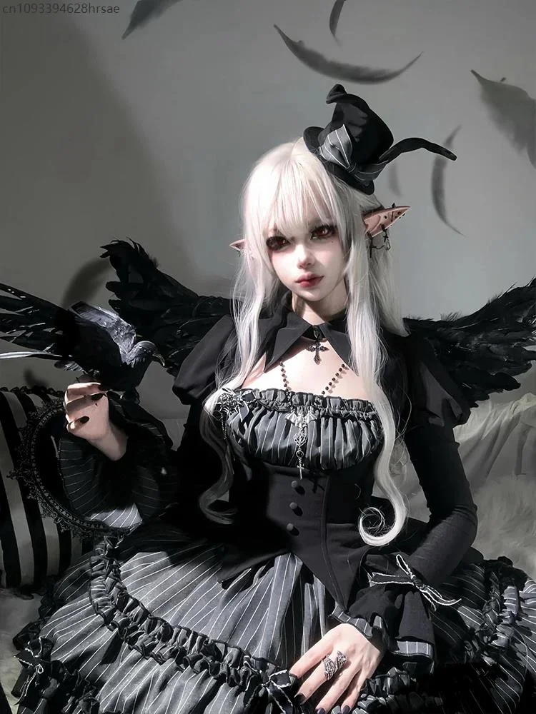 Streifen Top Kurzer Rock Halloween Thema Gefälschtes Zweiteiliges Outfit Gothic Lolita Dark Lolita Ballett Sle Damen Herbst Winter Set 2025