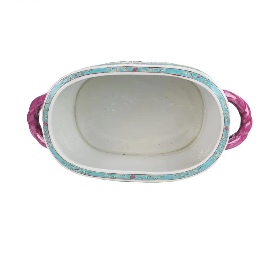 Painted cabbage pattern oval flower pot antique Chinese cabbage porcelain flower pot pink handle