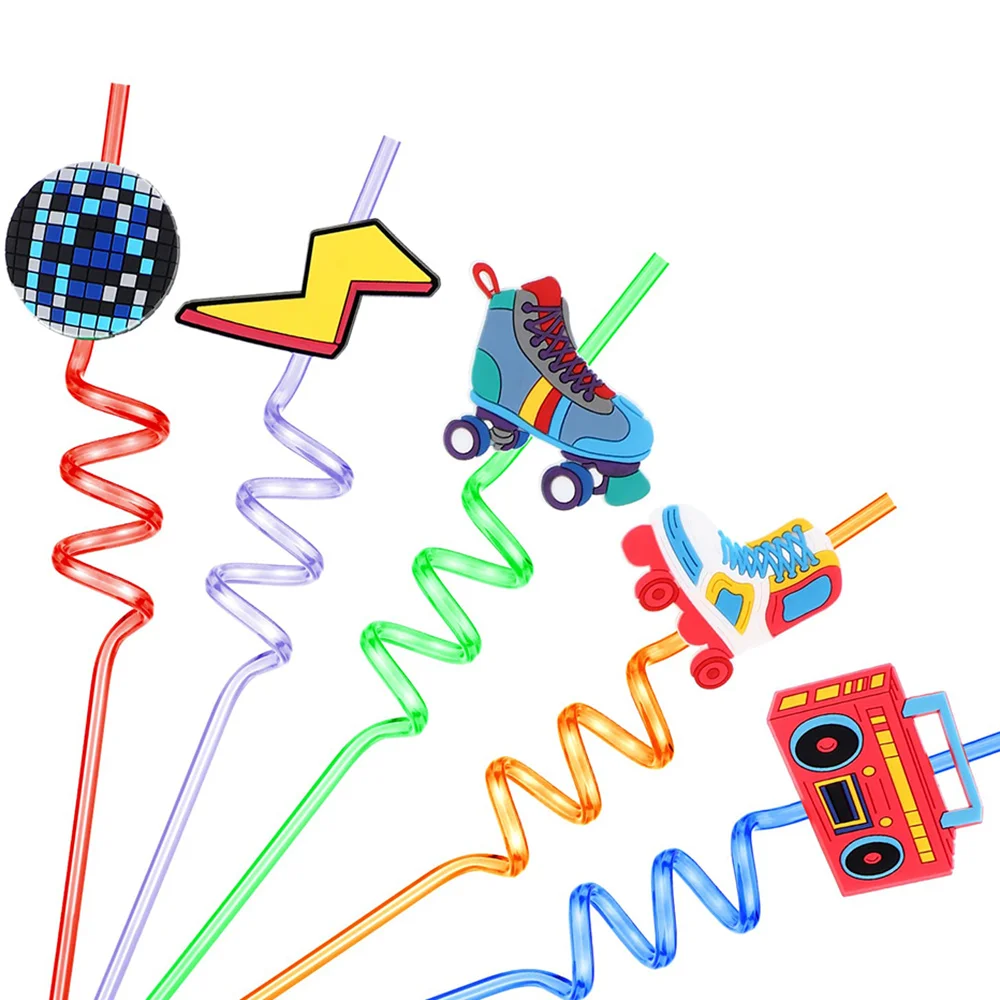 

80s Theme Birthday Supplies Music Party Straws Roller Skating Plastic Straws for Disco Party Decorations Favors