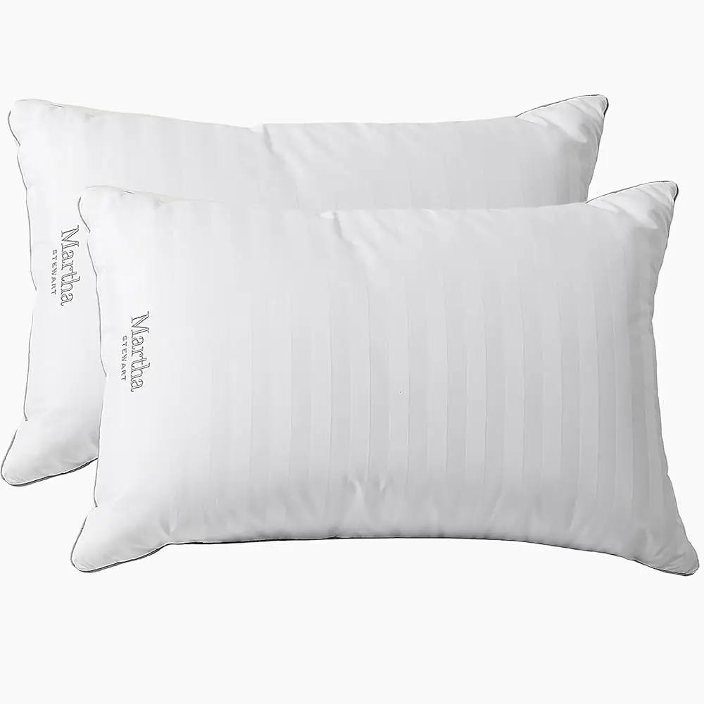 

Hotel Collection Medium Soft Feather Down Pillows 100% Cotton 500 Thread Count Damask Stripe Embroidered, Queen Size Set Of 2,