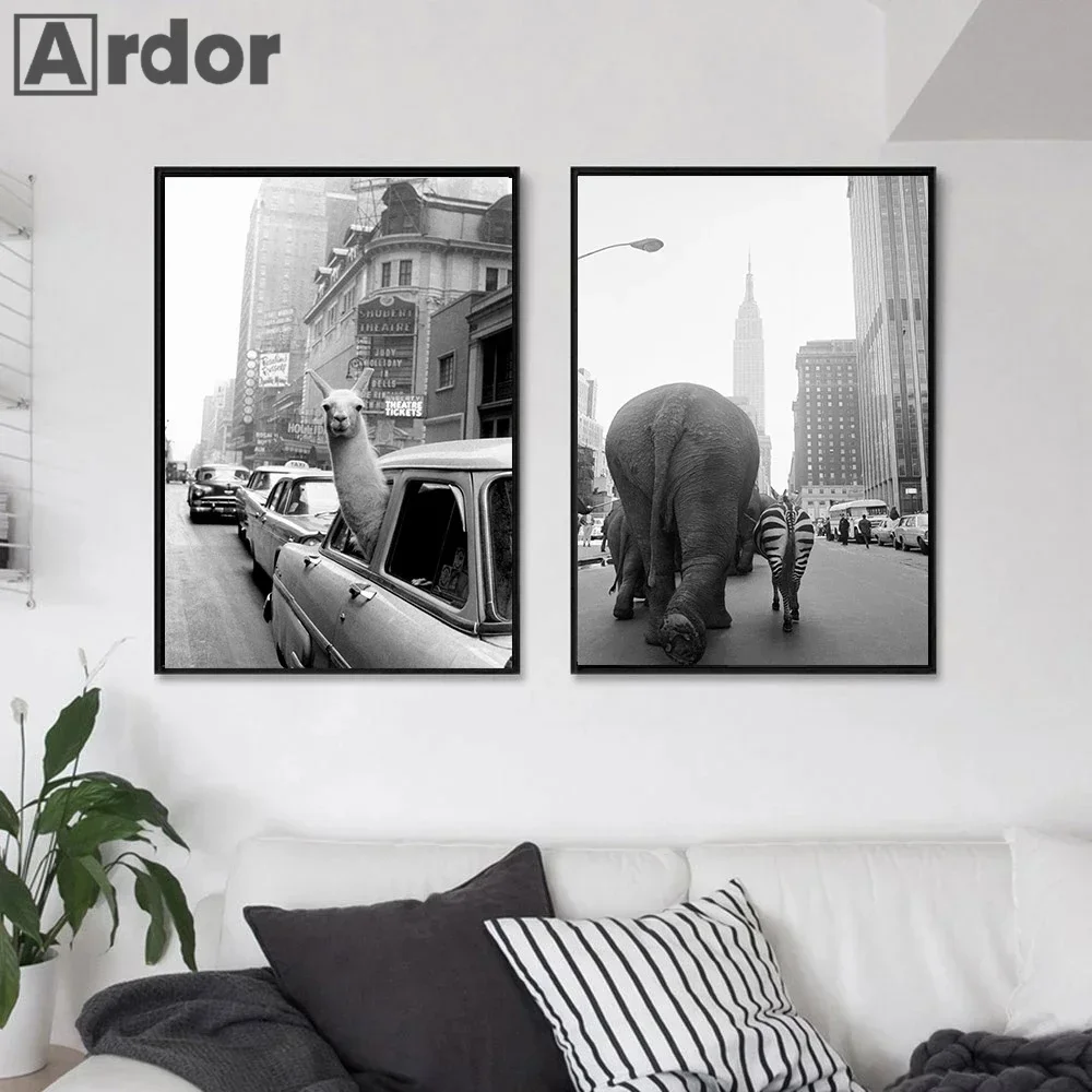 Black And White Alpaca Zebra Elephant Animal Wall Art Print Posters New York City Picture Canvas Painting Modern Home Decoration