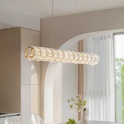 Golden Luxury Crystal Pendant Lamp Modern Interior Decoration Bar Dining Living Room Ceiling Chandelier One-word Long LED Light