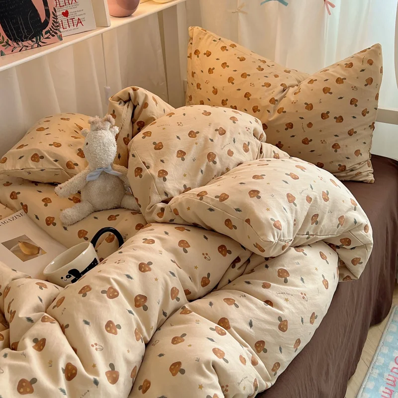 

Комплект постельного белья из двухслойного хлопка, мягкая промытая простыня с рисунком грибов для девушек, двуспальная и двуспальная размеры, пододеяльник, наволочка