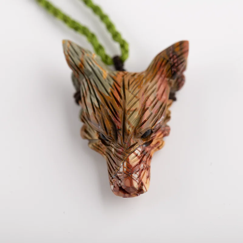 Natural Fashion Carved Howlite and Multi-Color Picasso jasper intarsia wolf head Pendant Bead 49x36x14mm 22g