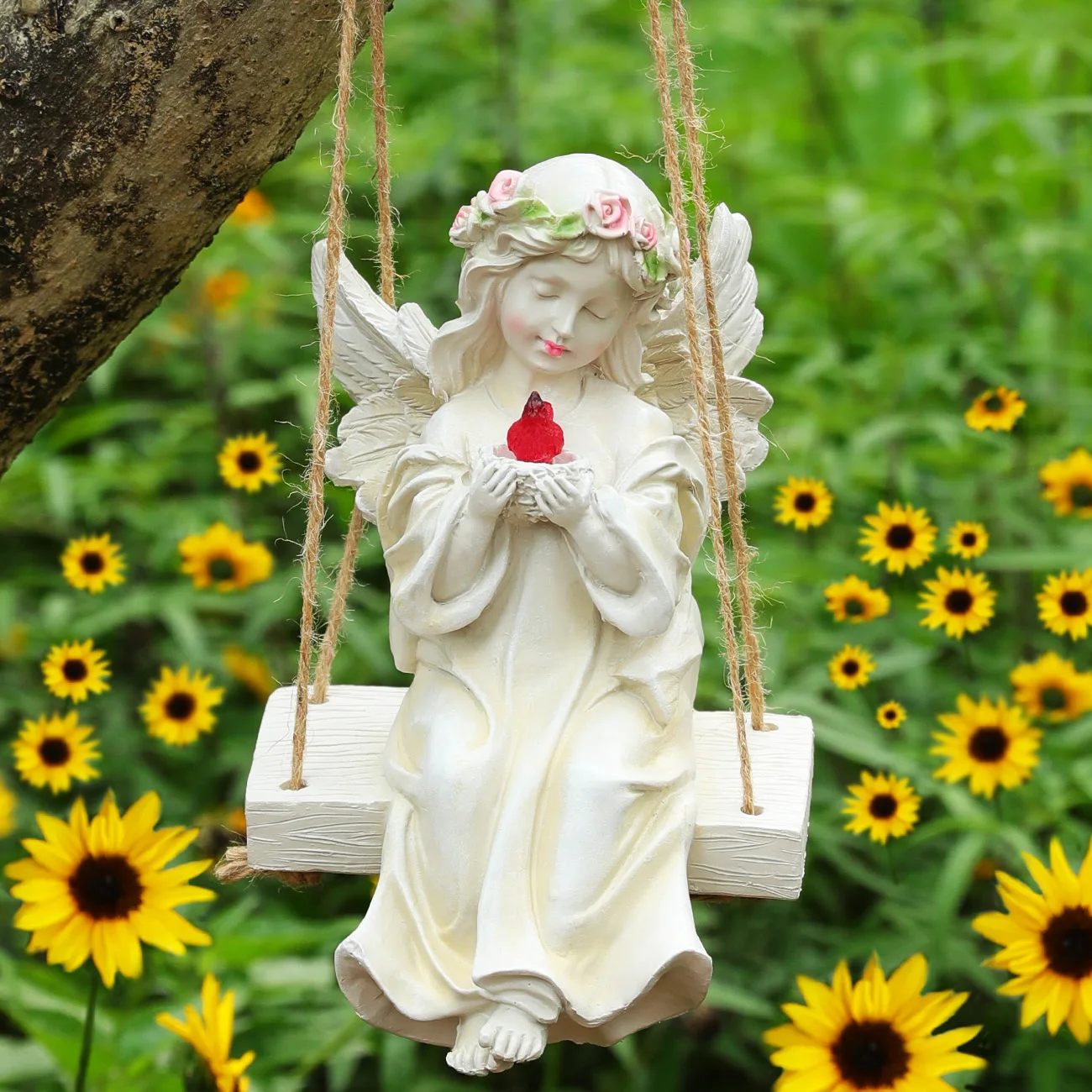 Kssiaz Angel Garden Statue,Fairy Solar Garden Decor with Warm Light,Waterproof Angel Statue with Swing Holding Bird,Garden Decor