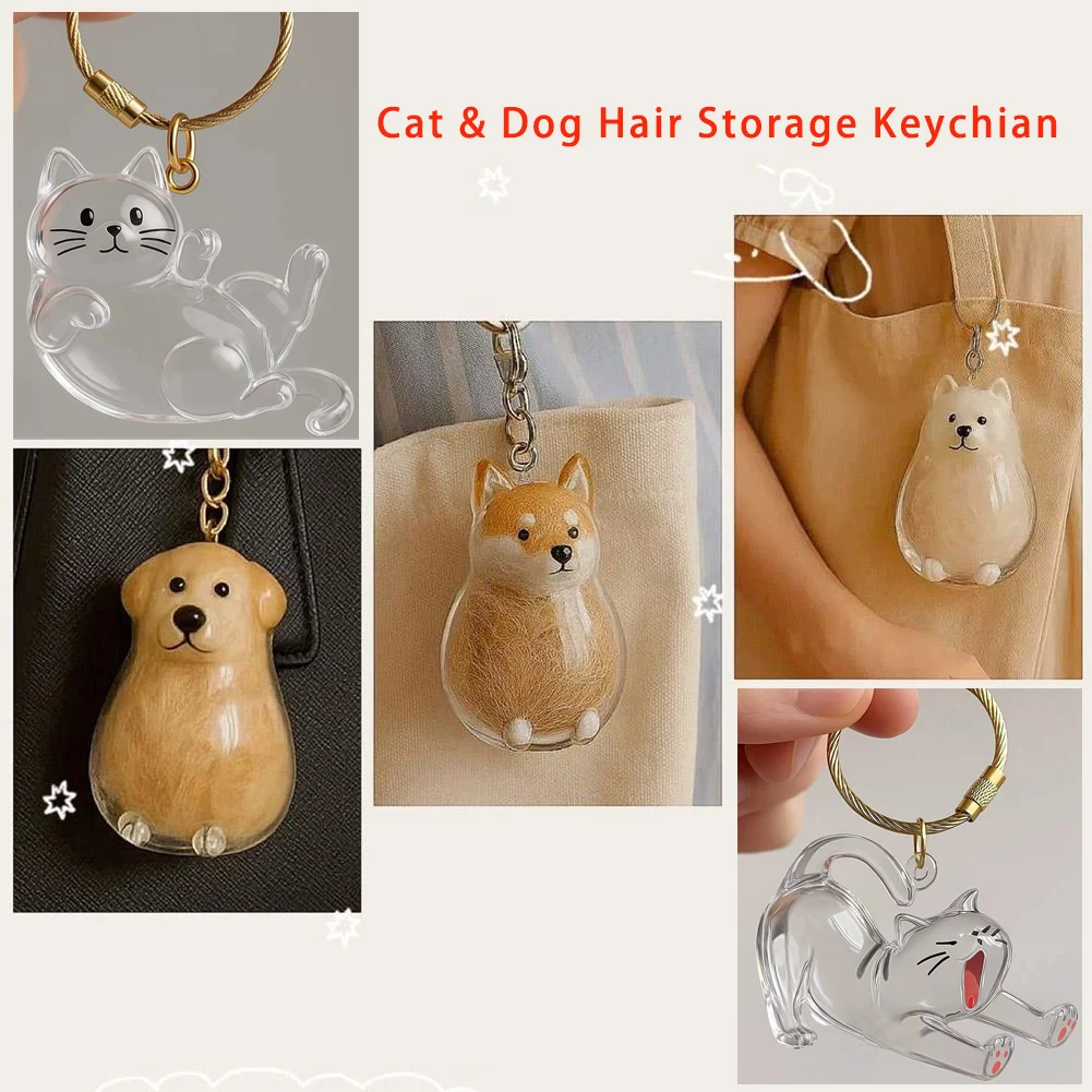 Transparent Cat Hair Capsules Pendent Kitten Fur Storage Box Souvenir Keychians Pet Siamese Cute Dog Hair Storage Key Ring