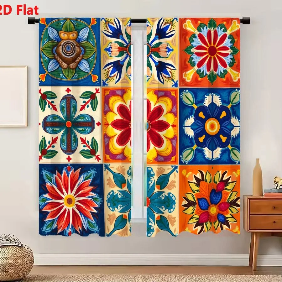 2Pcs Curtains Add 2D Flat Vibrant Floral Geometric Tile Grid Inspired By Mexican Talavera And Moroccan Zellige Art Window Drapes