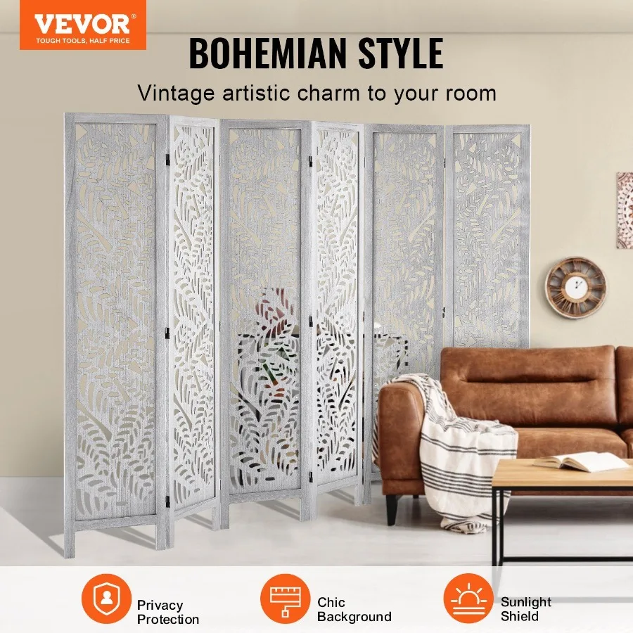 Wood Room Divider 6 Panel Wood Folding Privacy Screen 66.9 Inches Tall Indoor Carved Partition Divider Portable Decoration Scre