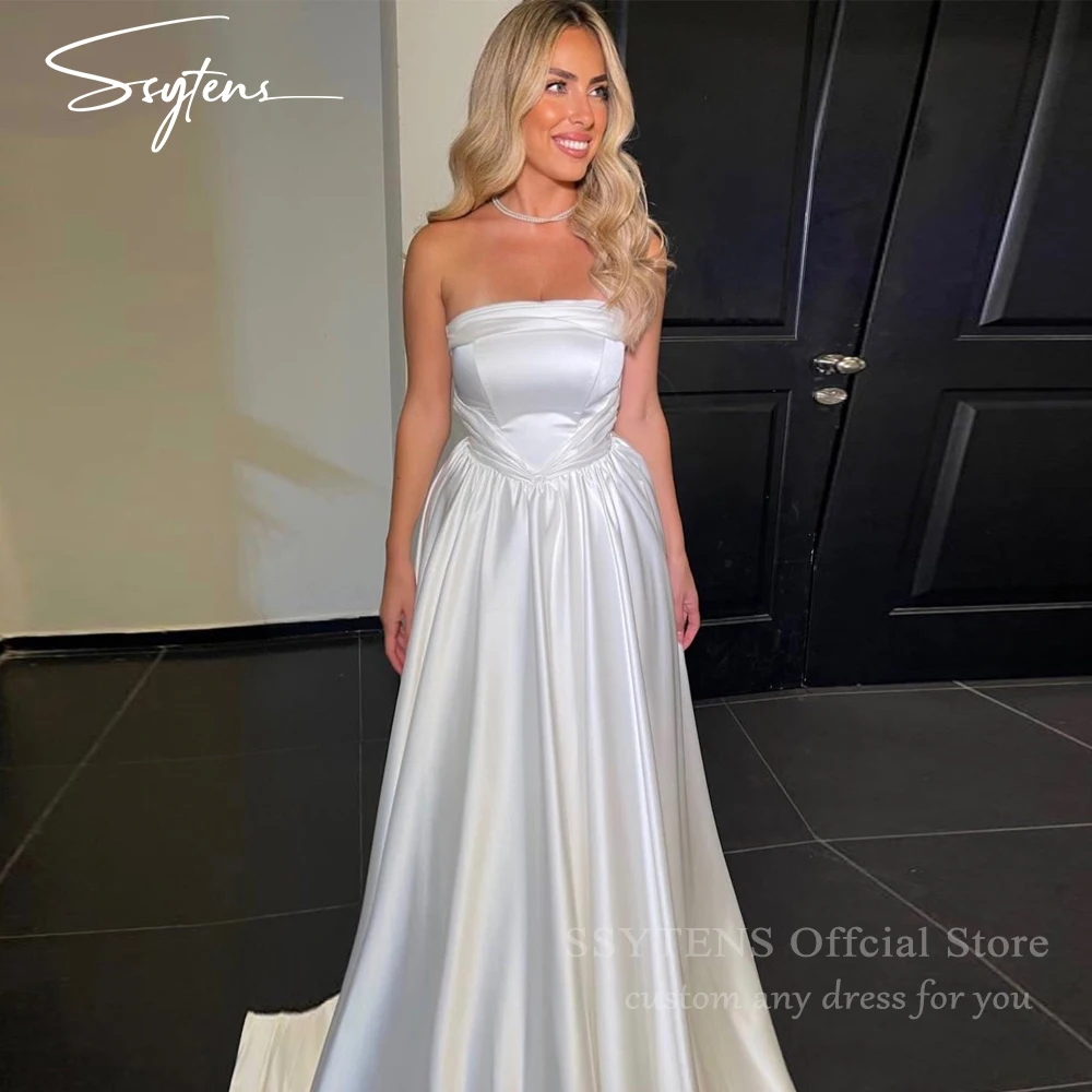 

Silk Satin Wedding Dresses Israel Strapless A Line Pleat Long Bridal Gowns Bespoke Reception Formal Occasion Elegant Bride Dress