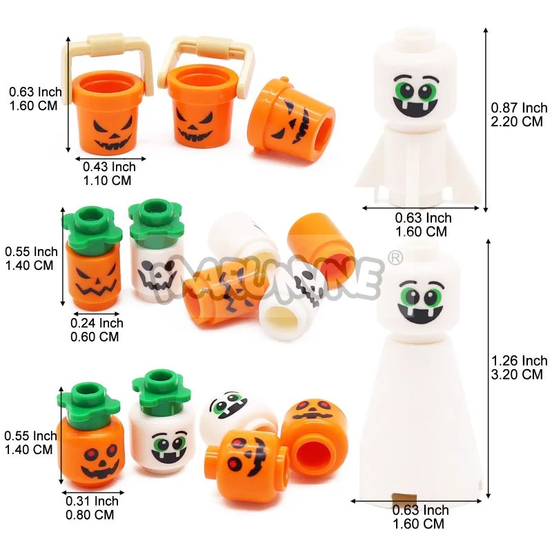 MARUMINE Halloween MOC Blocks Accessories Printed Ghost Pumpkin Devil Bucket Bricks Parts Compatible with 3062 3626 95343 20693