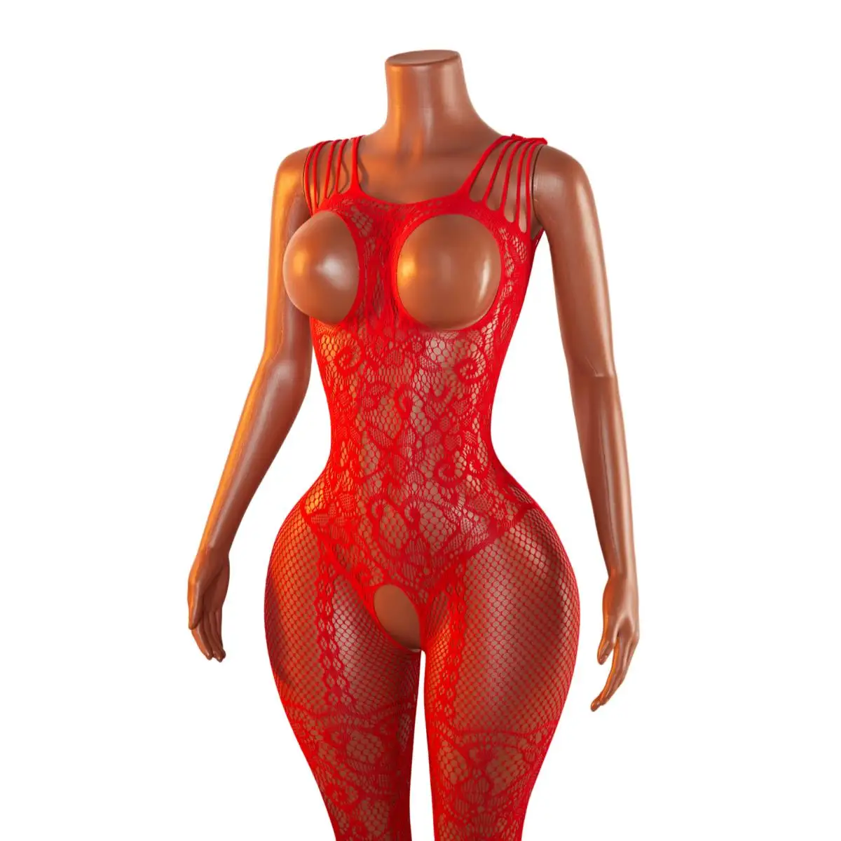Erotic Open Chest Fishnet Bodystocking Hot Red See-Through Full Body Lingerie Sexy Cutout Bust Bodysuit For Women Crotchless