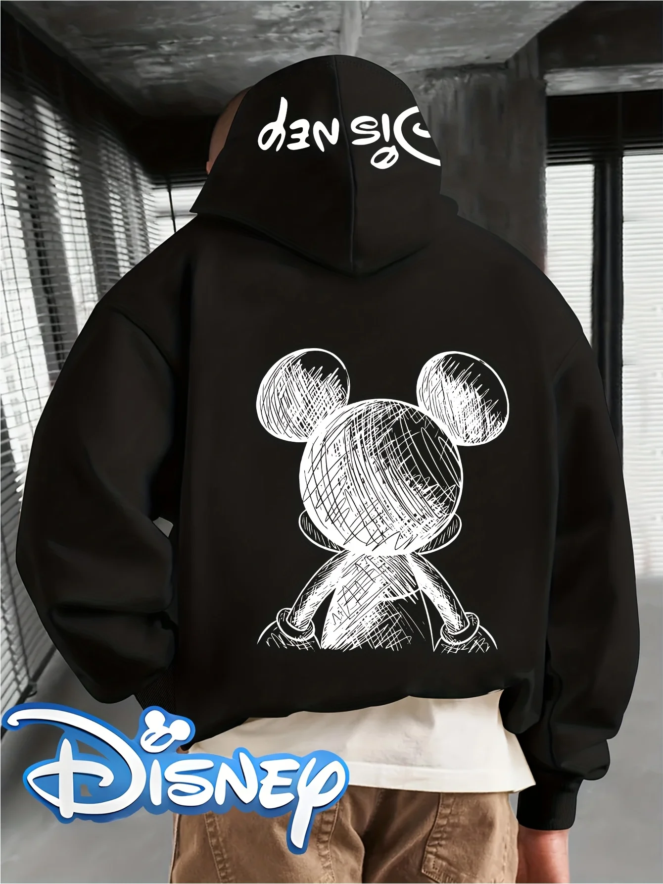 هوديس ديزني ميكي ماوس للرجال والنساء - طباعة كرتونية فنية باللونين الأسود والخط طباعة رياضية وترفيهية بسيطة