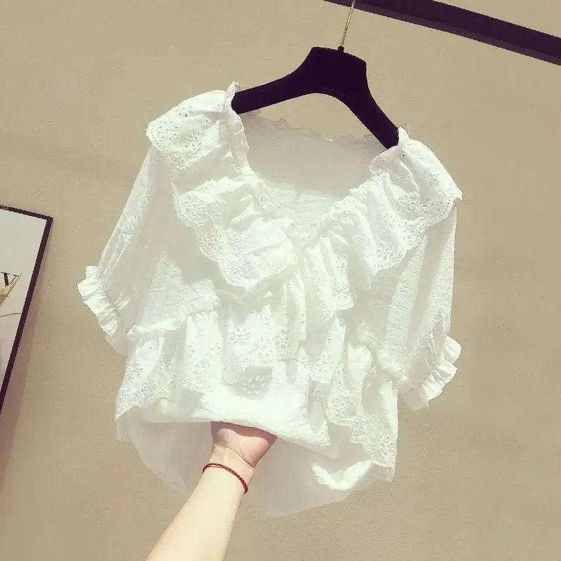 Summer New Ruffled Edge Loose T Shirts Short Sleeve Solid Pleated Irregular Elegant Tops Tees Temperament Fashion Women Clothing