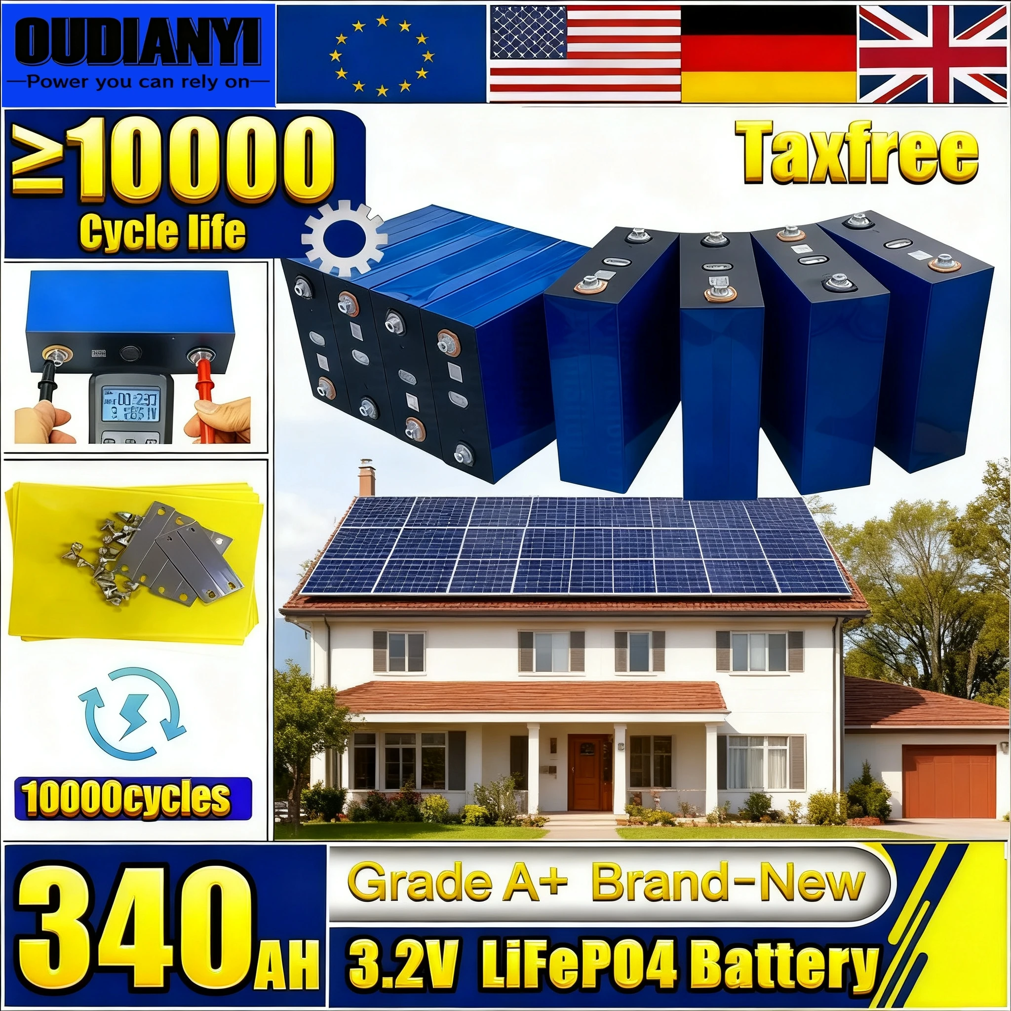

【Duty-free】3.2V 340Ah Grade-A Lifepo4 Rechargeable Battery Lithium Phosphate Golf cars Travel Solar Campers Cell 12v 24v 48v