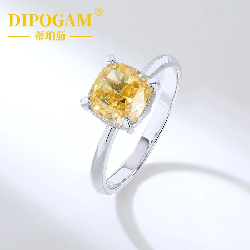 

925 Sterling Silver Cushion Cut Yellow Diamond Ring Lab Created Colored Gemstone Ring Elegant Luxury Fine Jewelry Wedding Women