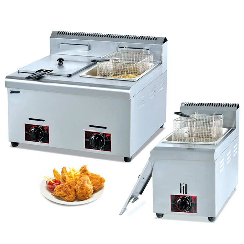 Mini tabletop on bench table top 2 tank baskets a gas fryer household kitchen automatic gas deep fish frying machine