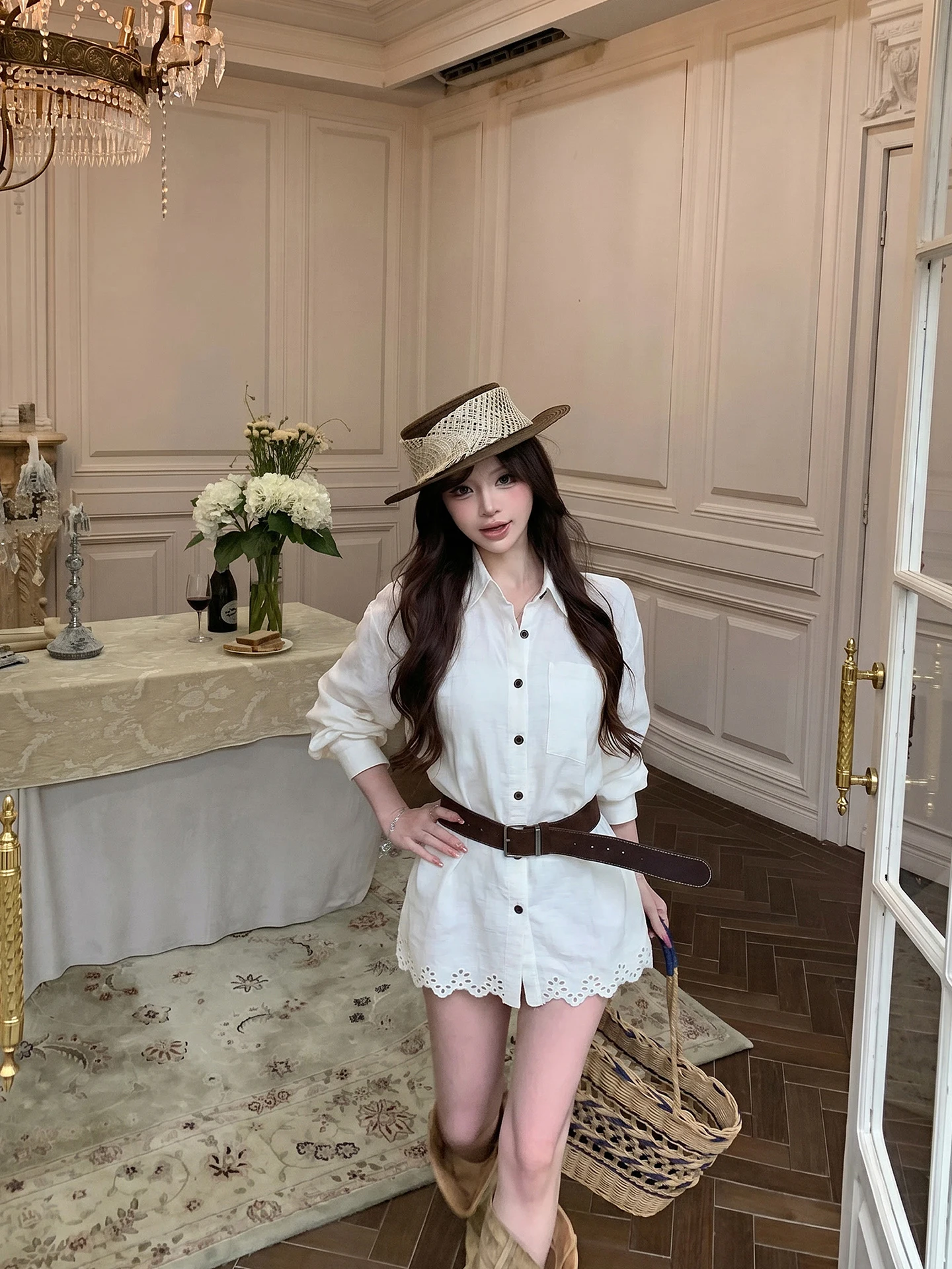 

Milk White Lace Trim Long Sleeve Shirt Women's Summer Design Waist Cinching Collared Top Holiday Style Sun Protection Upperwear