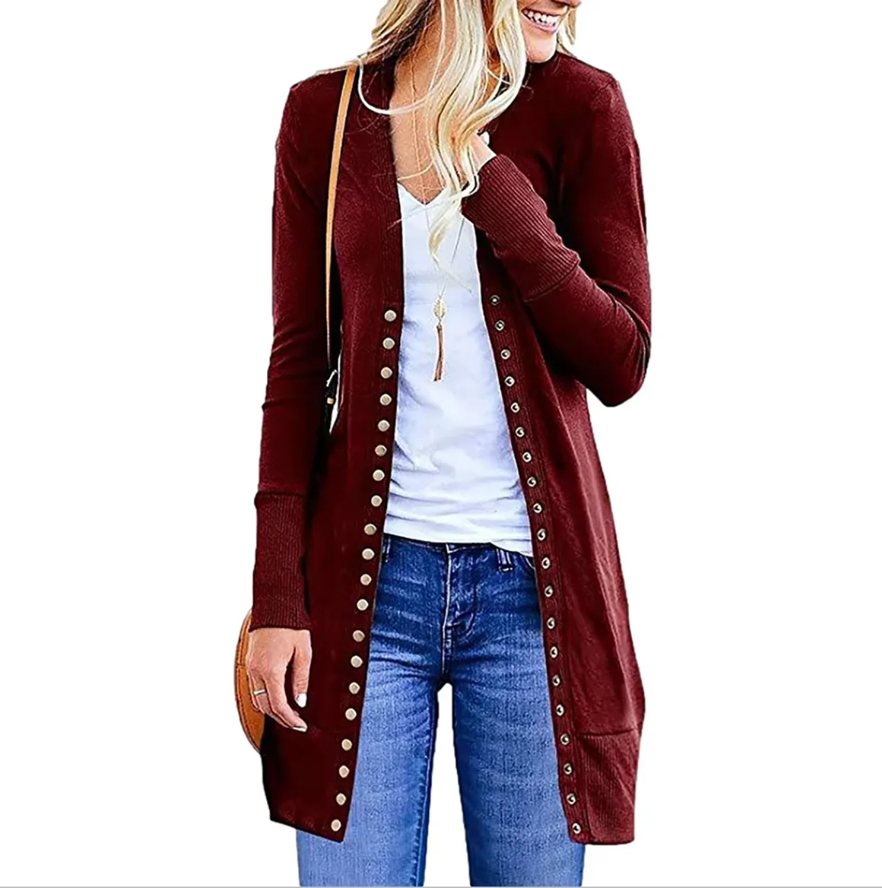 European & American Style Mid-Length Knit Cardigan, Side Button Decor, Loose & Slim-Fit, Casual & Commute Long-Sleeve Outerwear