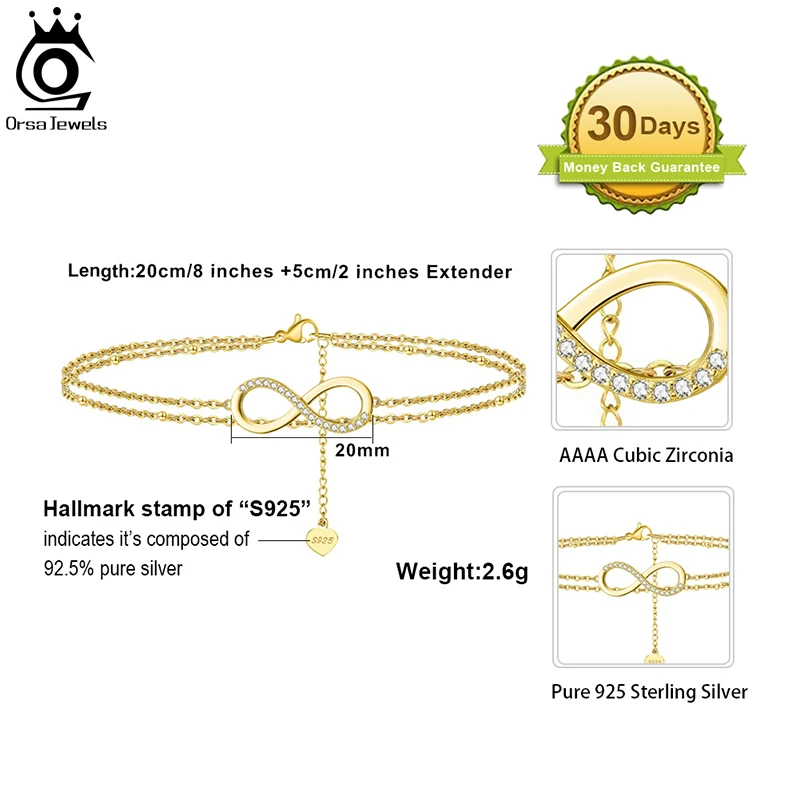 ORSA JEWELS Shiny Charm 925 Sterling Silver Bowknot Infinity Love Anklet Women Zircon Ankle Bracelet Chain Foot Jewelry Gifts