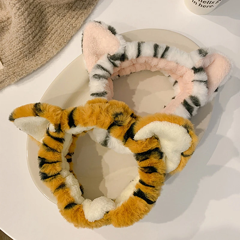 Orecchie di gatto fascia per le donne modello di tigre trucco lavaggio fascia per capelli ragazze peluche capelli elastici puri turbante fasce per la testa accessori per capelli