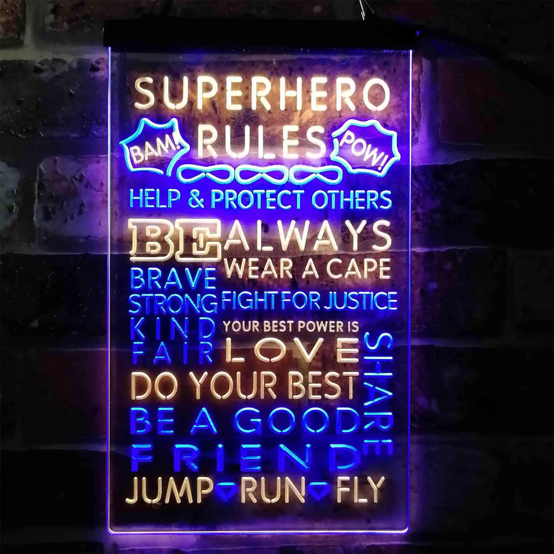 Superhero Rules Wear Cape Jump Run Fly Kid Room Dual Color Led Neon Sign st6-i3926