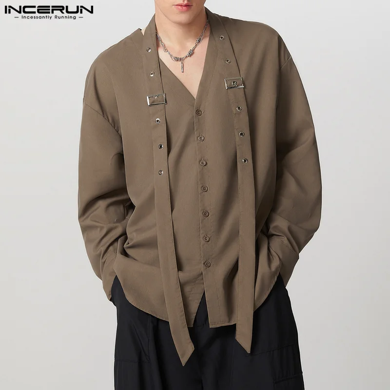 

INCERUN Men Casual Shirts 2026 Summer Long Sleeve V-neck Tops Solid Street Fashion Loose Bottun Streamer Blusas Oversize S-5XL