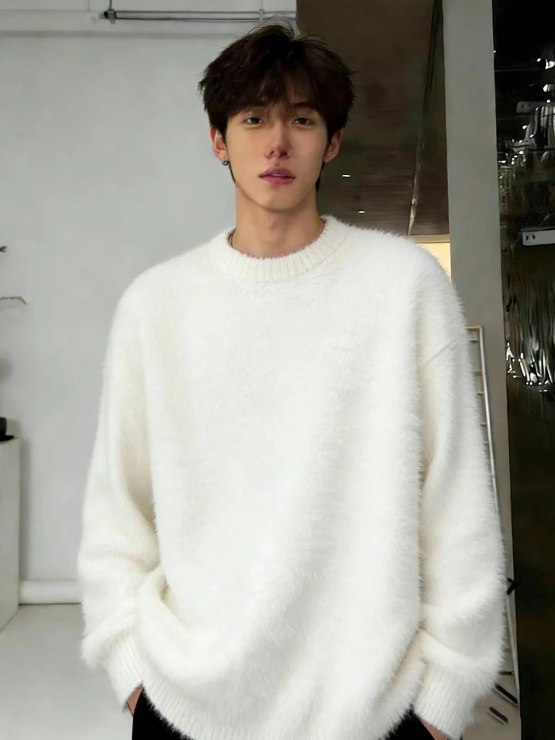 

Men's White Mink Sweater Winter Lazy Sle Soft Cozy Base Layer Knitted irt Inner Wear Camere Warm Top Casual Loose Fit