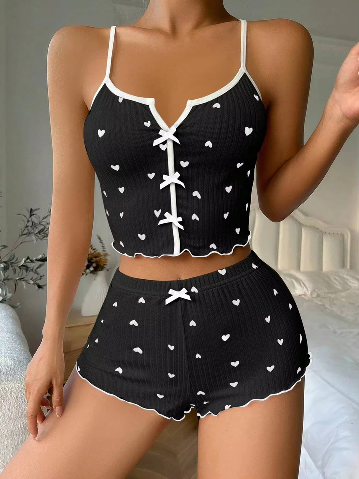  Cute Heart Print Pajama Set Women Ribbed Sleepwear Bow Detail Pj Shorts Set Soft Comfortable Loungewear New Fashion 