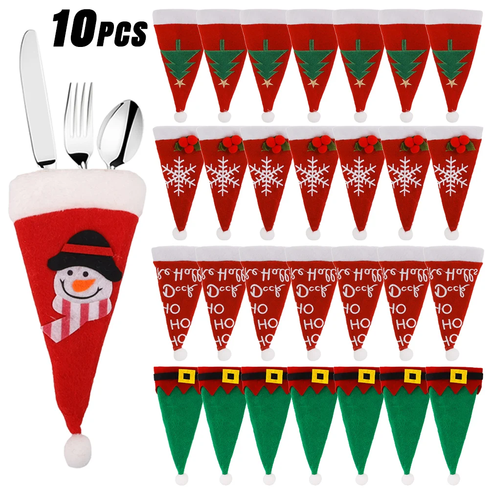 10/1Pcs Christmas Cutlery Set Wine Bottle Cover Santa Hat Fork Knife Tableware Holder Bag Xmas Navidad Dinner Table Decorations