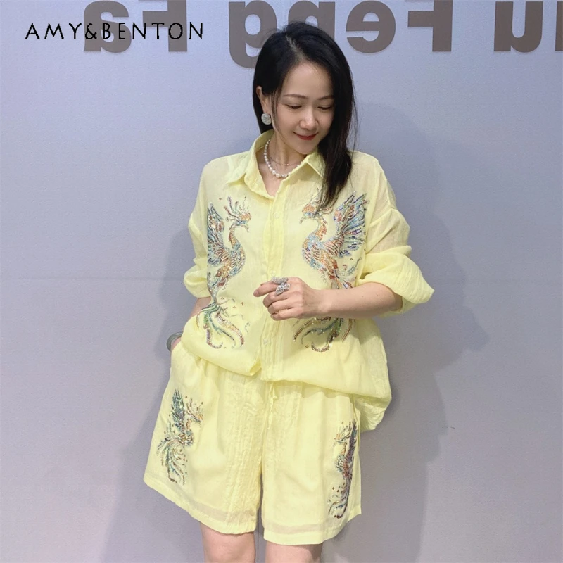

Rhinestone Cotton Linen Long Sleeves Shirt + Shorts 2-pcs Set Women's Summer Relaxed Casual Vacation Blouse Short Pants Outfits
