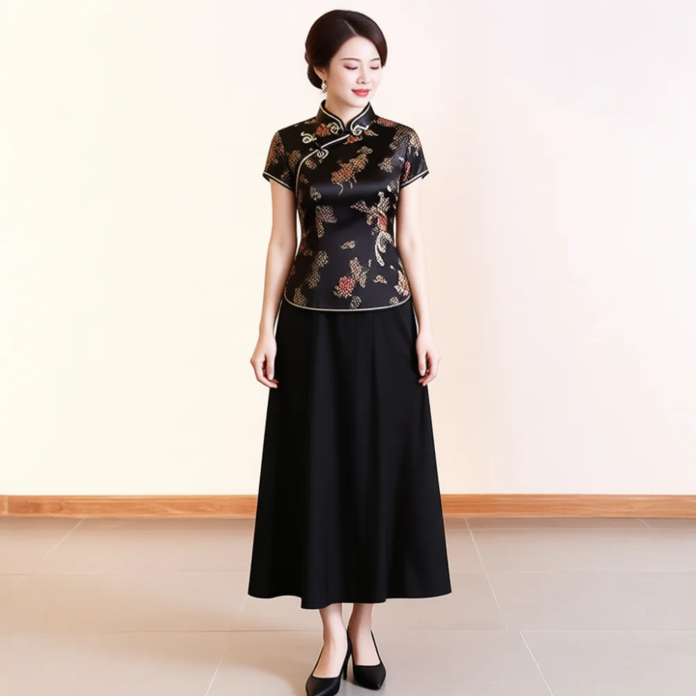 Womens Retro Cheongsam Top Elegant Chinese Style Brocade Blouse Slim Fit Floral Tang Suit Summer Formal Stage Apparel view 2
