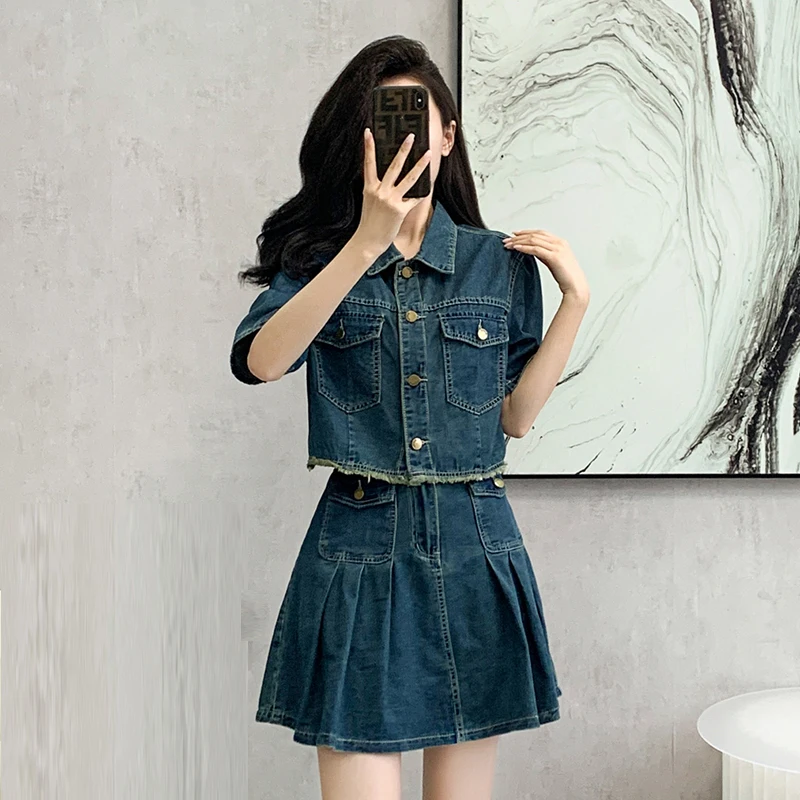 Americam Retro Y2k Short Sleeve Summer Crop Denim Jacket+Pleated Mini Skirt Two Pieces Clothing Set Deep Blue