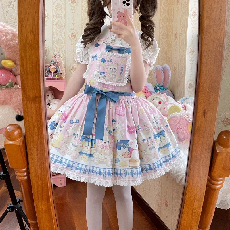 

Японское платье Kawaii Lolita Jsk, женское милое платье принцессы без рукавов с мультяшным принтом и бантом, милое готическое вечерние мини-платье Y2k для девочек