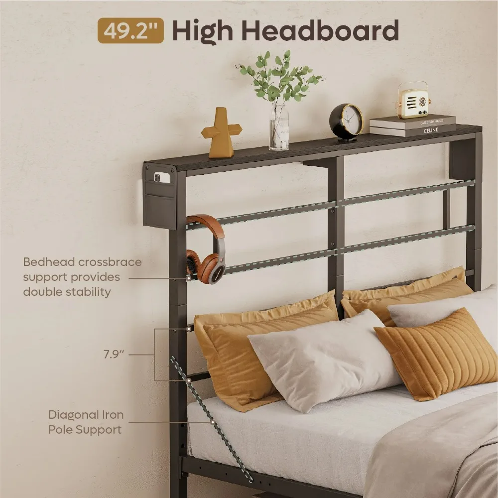 Queen Size Metal Platform Bed Frame with LED Headboard & Charging Station, Adjustable Under Bed Storage, RGB Light Strips, Beds image 4