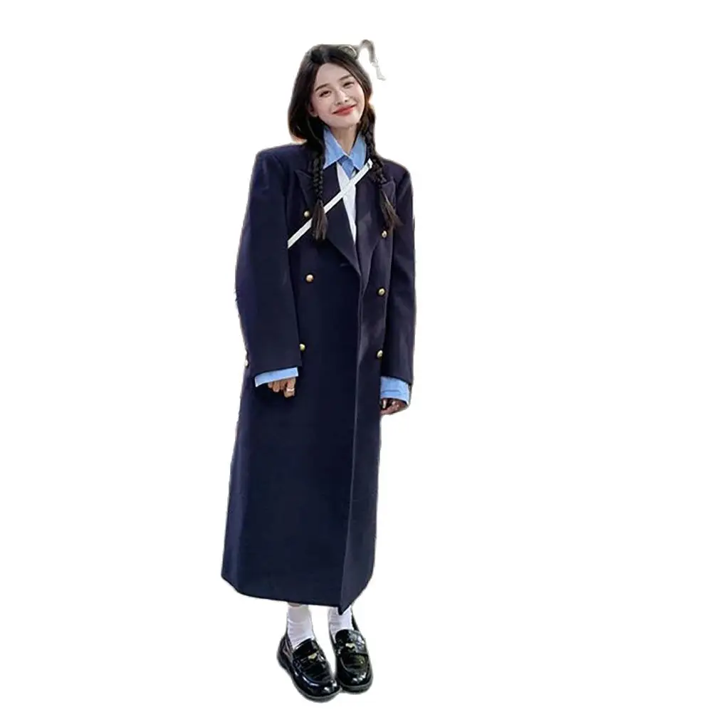 

Navy Blue Fashion Coat Women's Shoulder Temperament Slim Woolen Coat New Retro College British Style Long Woolen Clothes Tide