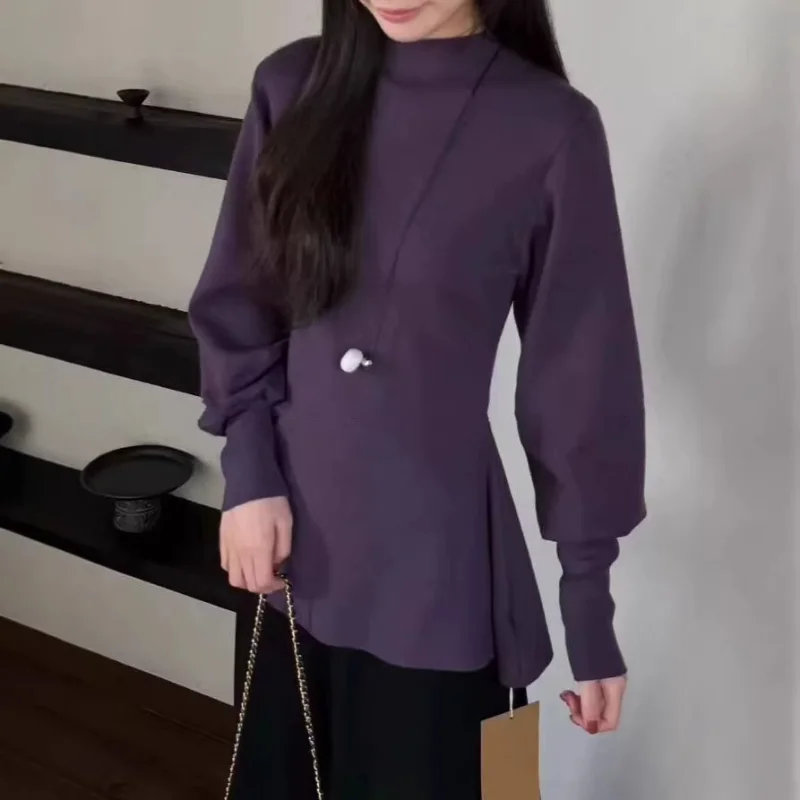 Women New Chinese Style Mock Neck Frog Button Waist Cinched Long Sleeve Blouse Tops