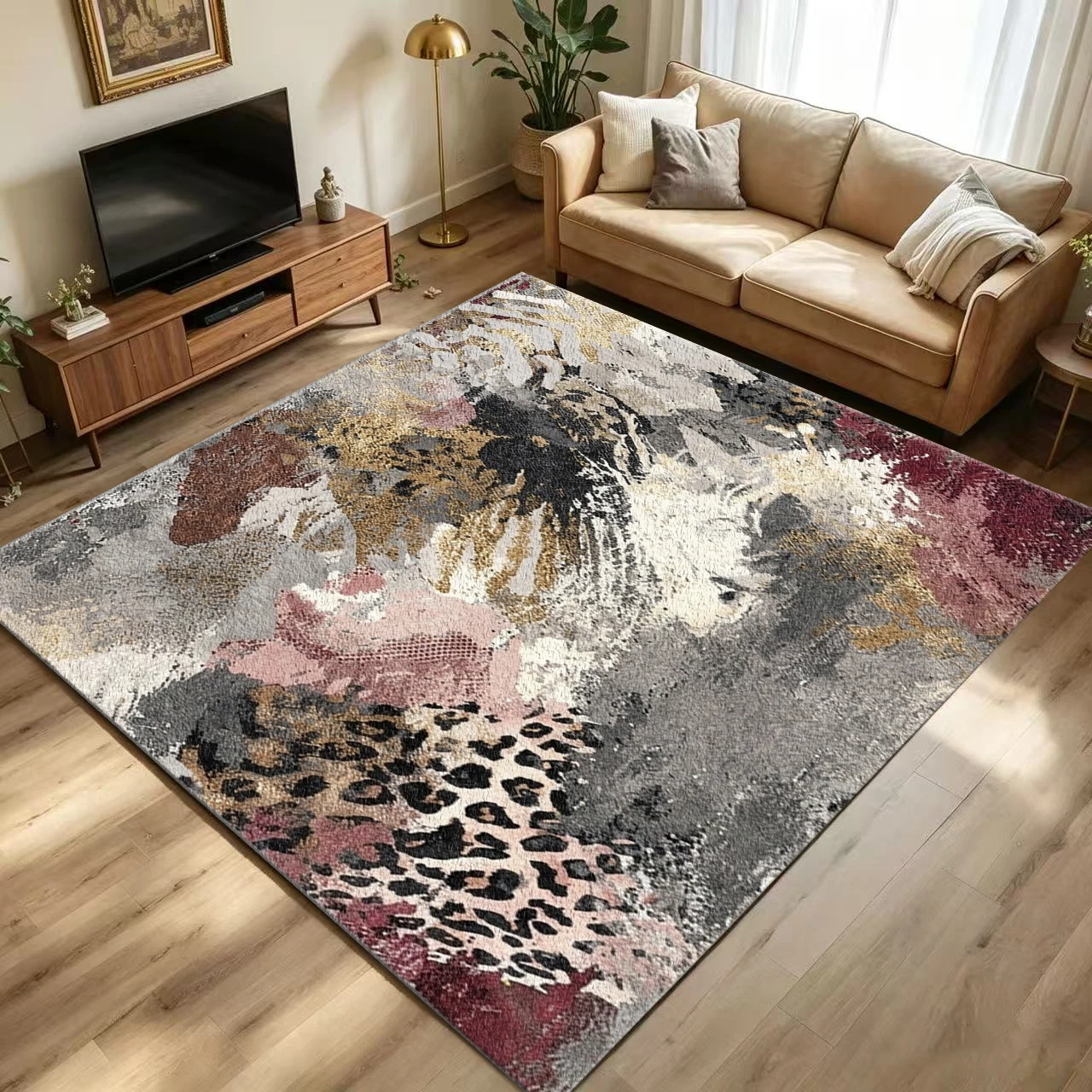 Printed Rug Abstract - Abstract luipaardprint goudkleurig geborsteld vloerkleed, antislip,