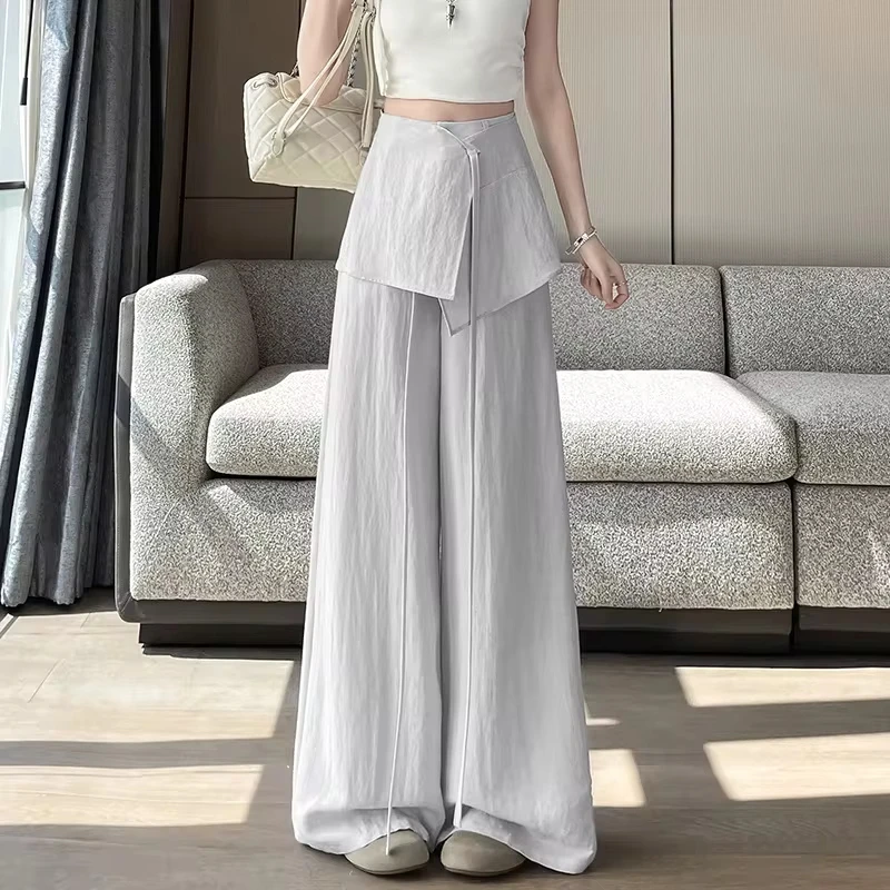 Ice Silk Hemp High Belt Fart Curtain Wide-Leg Pants Women'S Summer New Casual Cooler Mopping Long Pants Solid Loose Cotton Linen
