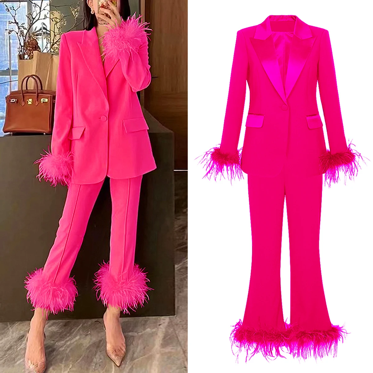 2024 Spring And Autumn New European And American Internet Celebrity Ostrich Feather Suit Temperament Dress Women\'s Pants Set