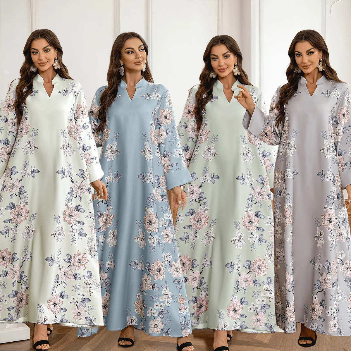 

Женское платье Абая Цветок Дубай Арабский принт Платья Msulim Eid Jalabiya Жемчуг Рамадан Vestidos Кафтан Ислам Длинный халат Марокко