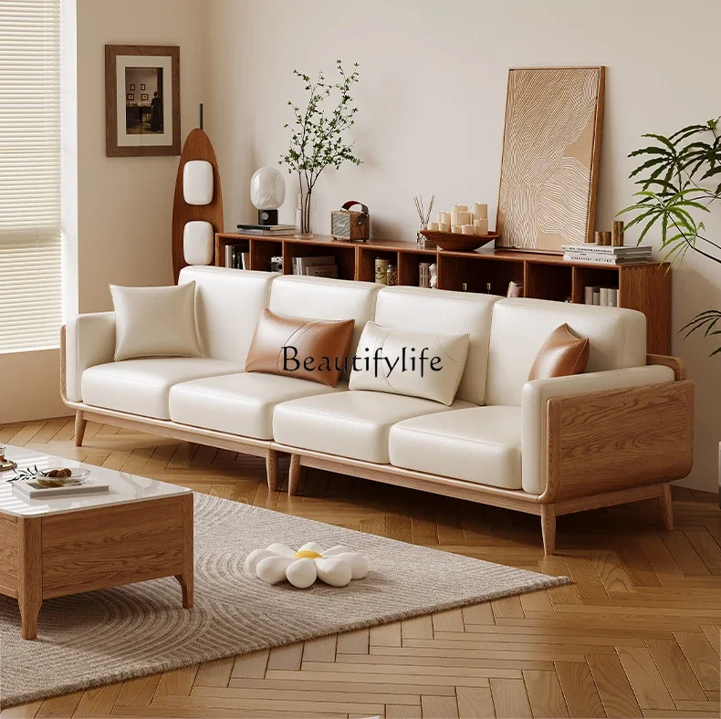 

55Medieval solid wood sofa imported ash wood cat claw leather straight row leather sofa