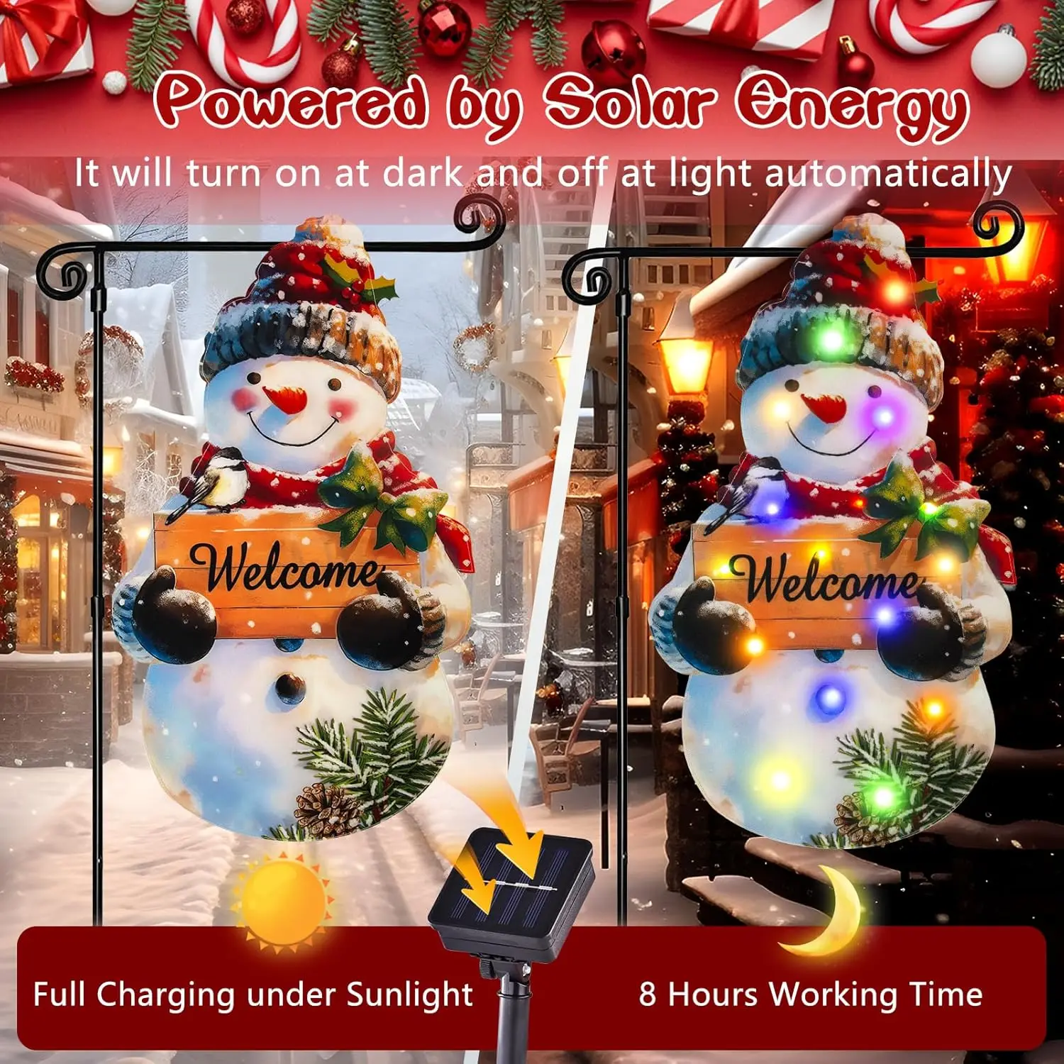 Lighted Christmas Garden Flag 22x13, 8 Modes Double Sided Solar Christmas Decorations Outdoor LED Navidad Flag, Christmas Yard D