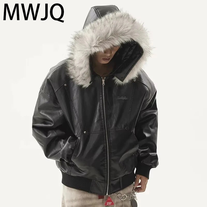 MWJQ Detachable Fur Collar PU Leather Jacket Men's High Street Oversized Silhouette Cotton-padded 2025 Winter New Tide 010020