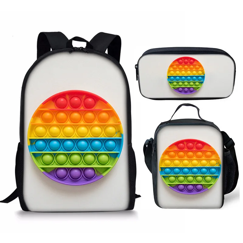 Cartoon Rainbow Colorful Push Bubble 3pcs/Set Backpacks 3D Print School Bookbag Travel Laptop Daypack Lunch Bags Pencil Case