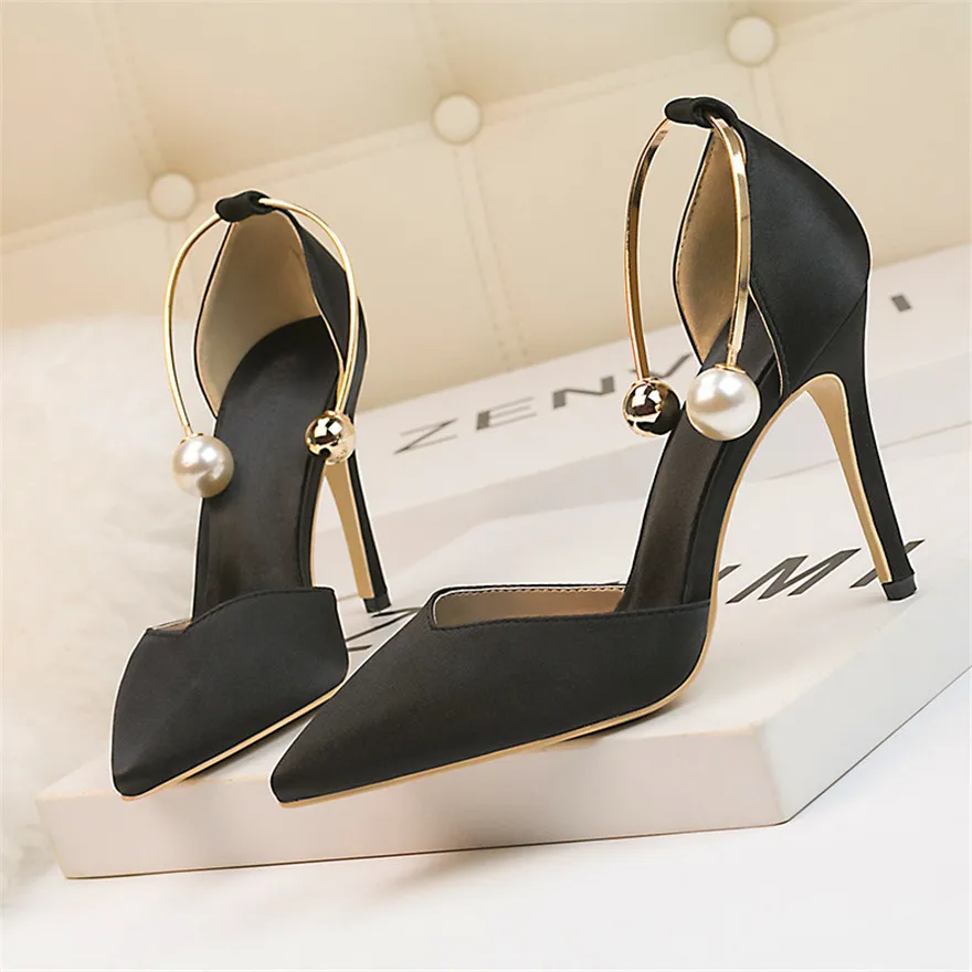 Shoes for Women High Heel Pumps 2025New Elegant Women Shoes Pearl Metal Buckle High Heels Fashion Soft Silk Pointed Party Sandal