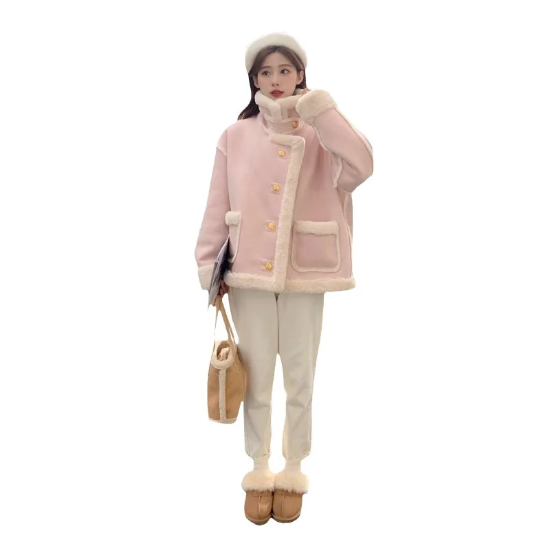 Giacca in Cashmere Sherpa rosa da donna corta in pelliccia invernale tinta unita cuciture larghe manica lunga piccolo ispessimento in stile coreano nuovo