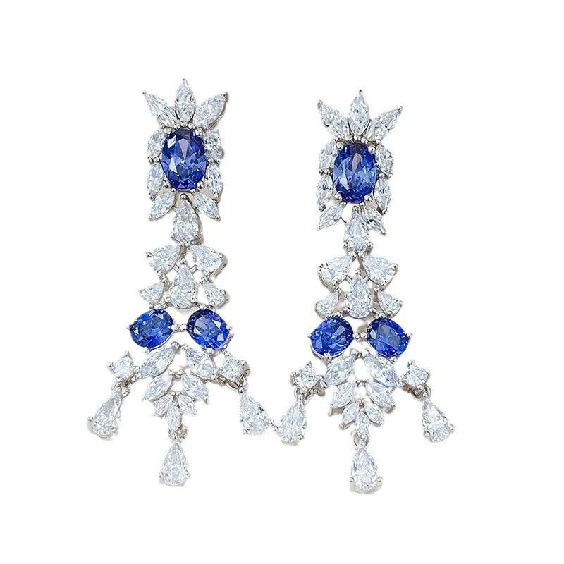 

S925 silver earring studded with one carat tanzanne blue oval diamond palace retro and versatile earring jewelry