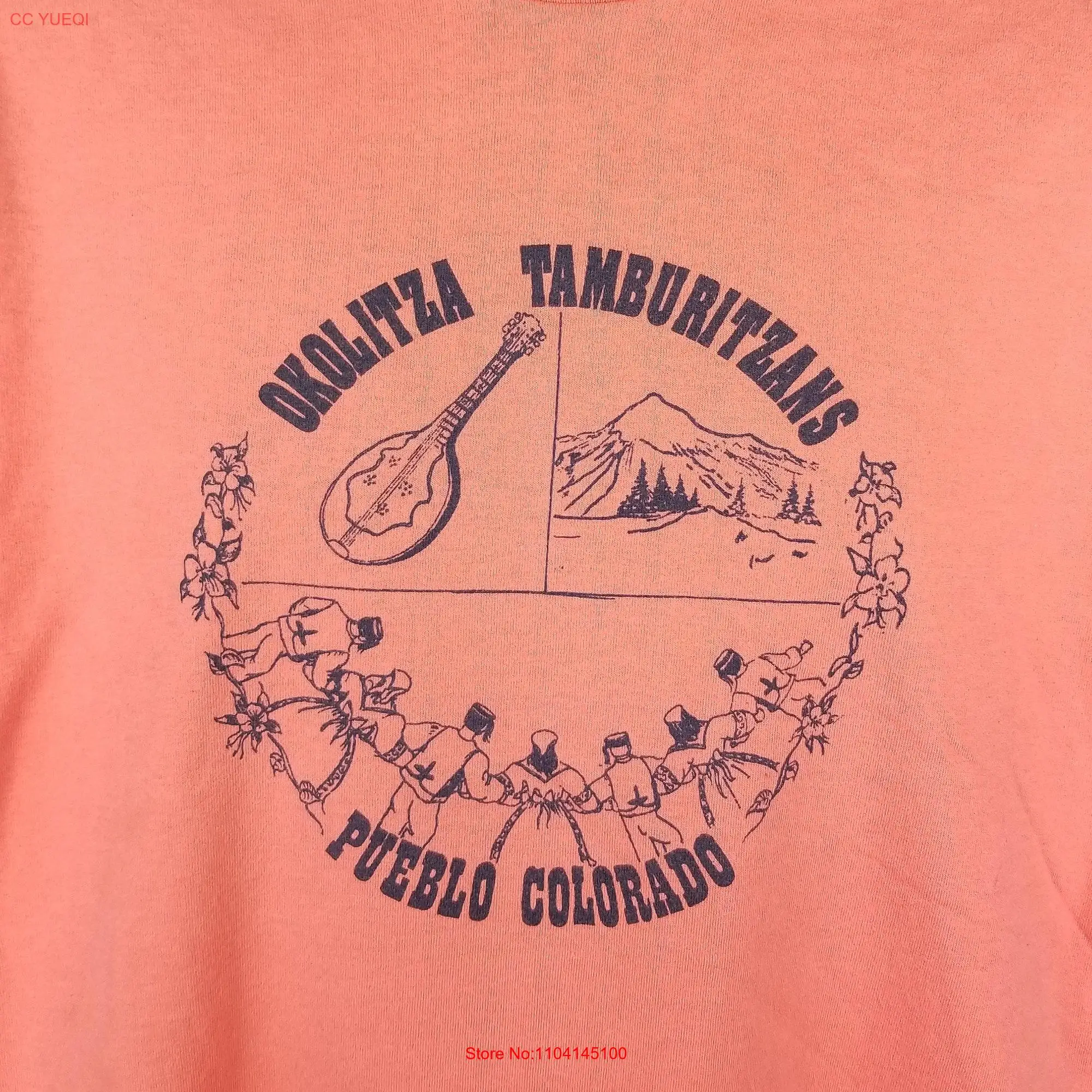 Vintage 80s Croatia Croatian Culture Ancestry Okolitza Tamburitzans Peach Pink Salmon T Shirt large long or short sleeves