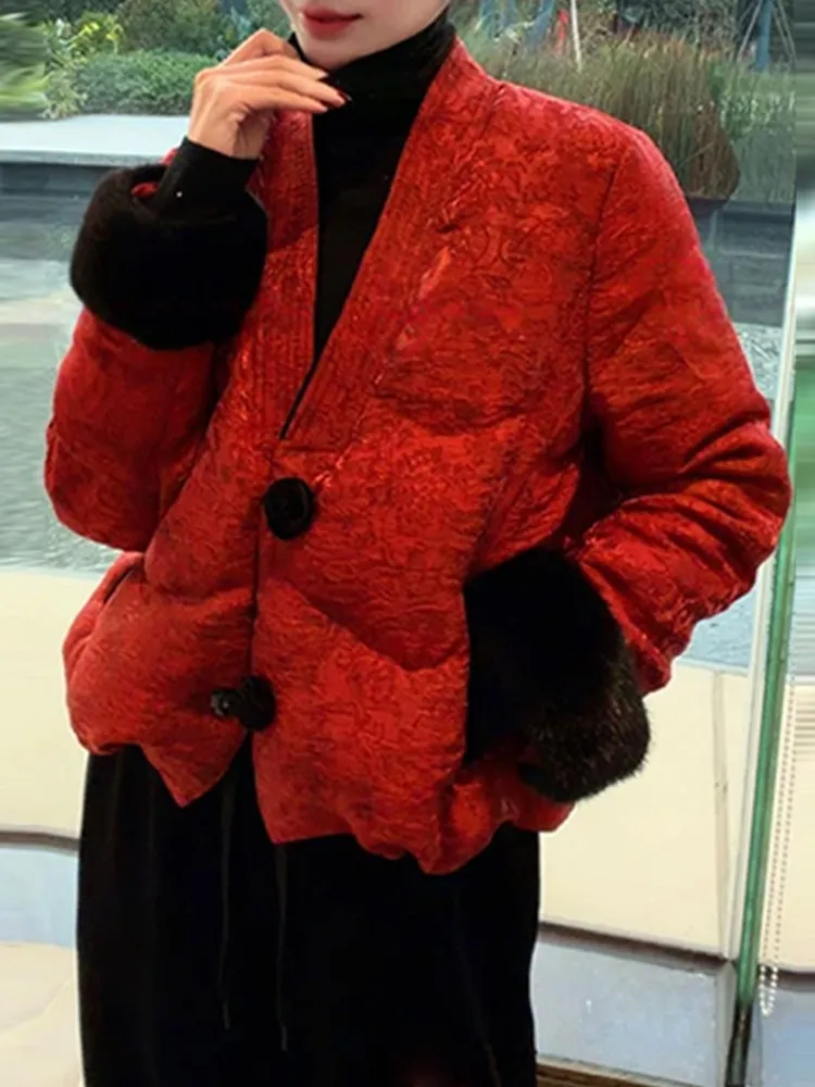 

Red New Year Chinese Sle down Cotton Jaet Women's Winter New Arrival V-ne High-End Feel Floral Embroidery Thi Coat