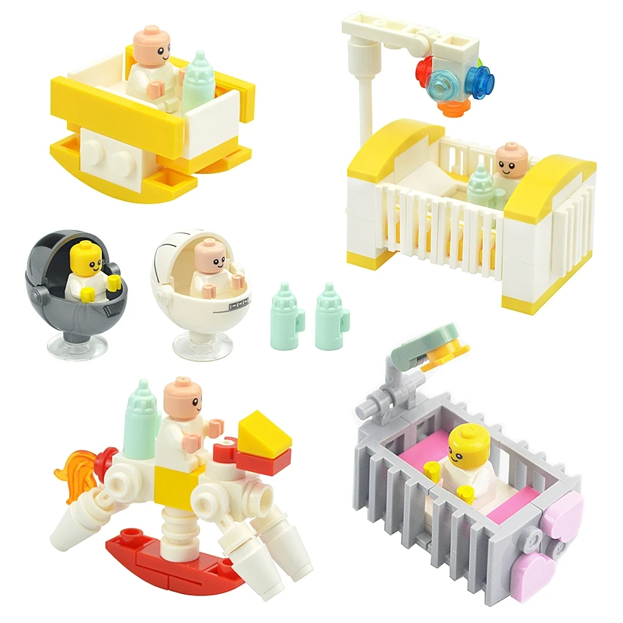 MOC Assemble City Bricks Furniture Baby Stroller Bed Building Blocks Kids Cart Chair Milk Bottle Cradle Decoration Toys Gift